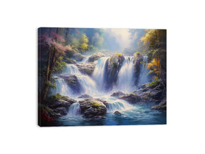 Cascade Light dramatic rocky waterfall painting for modern living room decor.