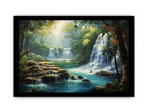 Hidden Lagoon tropical forest waterfall lagoon artwork for modern bedroom decor.