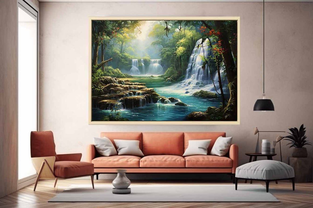 Hidden Lagoon tropical forest waterfall lagoon artwork for modern bedroom decor.