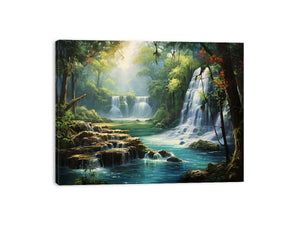 Hidden Lagoon tropical forest waterfall lagoon artwork for modern bedroom decor.