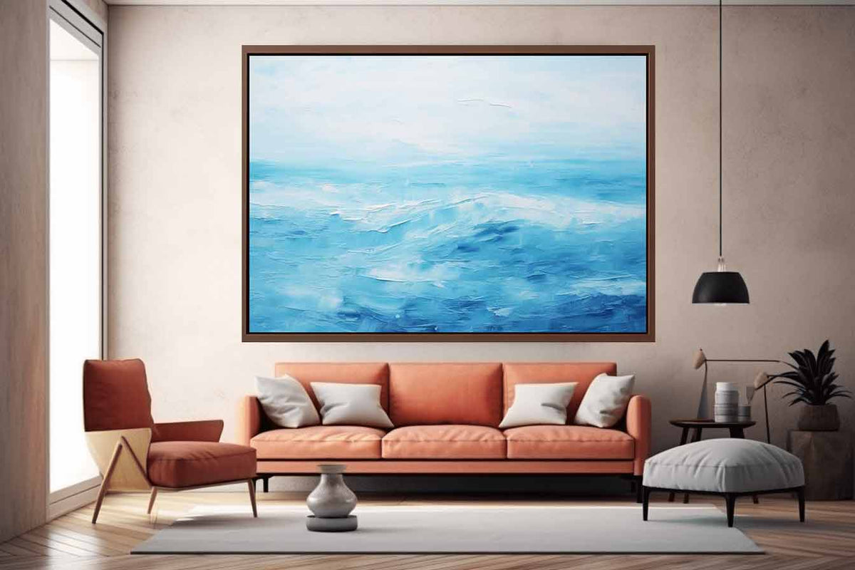 Blue Horizon minimal ocean horizon abstract art for modern bedroom decor.