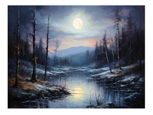 Silent Moonrise moonlit winter river landscape painting for modern bedroom decor.