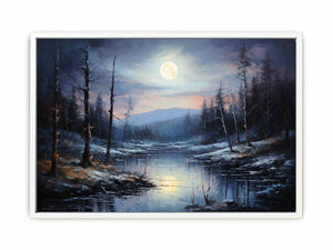 Silent Moonrise moonlit winter river landscape painting for modern bedroom decor.