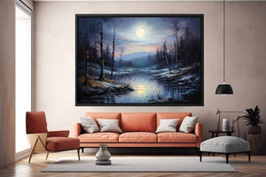 Silent Moonrise moonlit winter river landscape painting for modern bedroom decor.