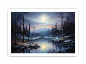 Silent Moonrise moonlit winter river landscape painting for modern bedroom decor.