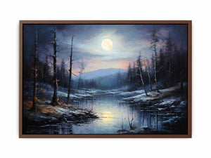 Silent Moonrise moonlit winter river landscape painting for modern bedroom decor.