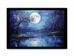 Lunar Blue blue moon forest lake painting for modern bedroom decor.