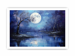Lunar Blue blue moon forest lake painting for modern bedroom decor.