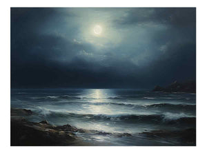 Midnight Coast dark moonlit ocean seascape painting for modern living room decor.