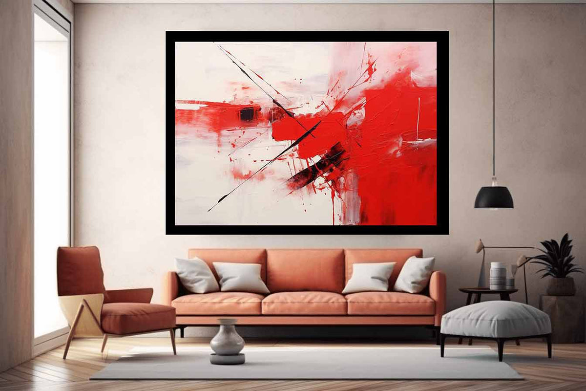 Scarlet Motion red black abstract action painting for modern living room decor.