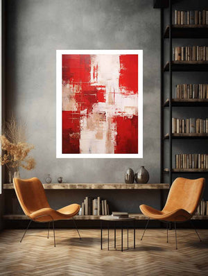 Crimson Structure vertical red neutral abstract painting for modern entryway decor.