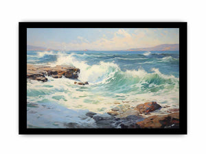 Coastal Surge sunlit sea wave oil painting for modern living room decor.