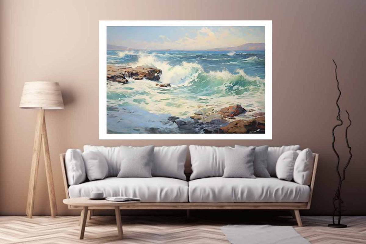 Coastal Surge sunlit sea wave oil painting for modern living room decor.