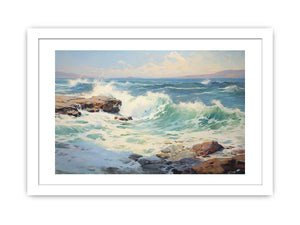 Coastal Surge sunlit sea wave oil painting for modern living room decor.