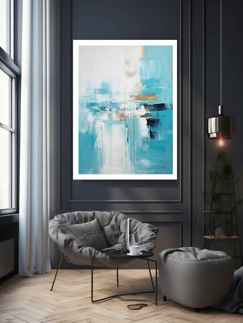 Aqua Balance vertical teal white abstract painting for modern bedroom decor.