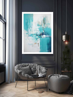 Teal abstract canvas art with urban lines for modern living room decor.