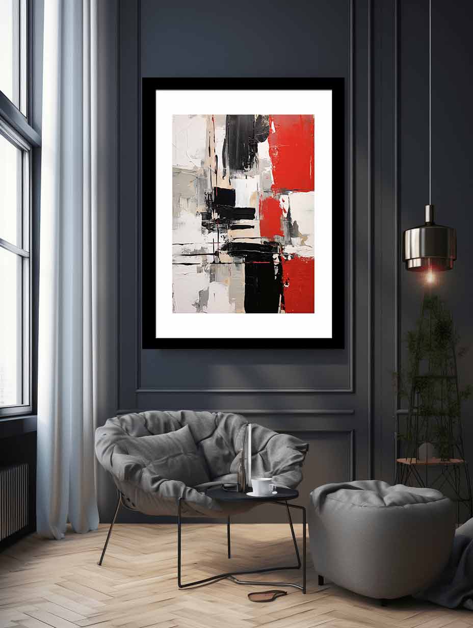 Red white black abstract canvas art for modern apartment wall decor.