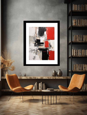 Red white black abstract canvas art for modern apartment wall decor.