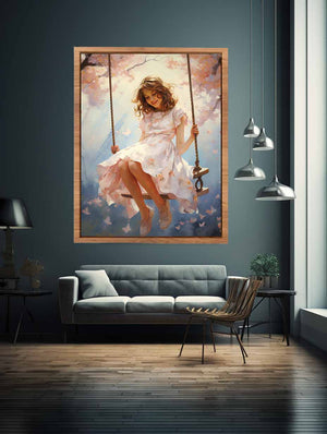 Girl on swing canvas illustration with blossoms for dreamy nursery decor.