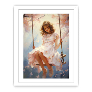 Girl on swing canvas illustration with blossoms for dreamy nursery decor.