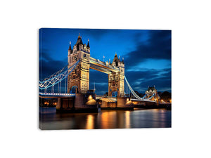 London Tower Bridge blue hour canvas photography for elegant living room decor.