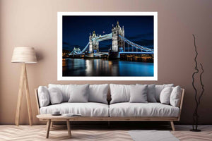 Night Tower Bridge canvas art with blue lights for office decor.