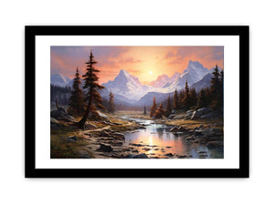 Mountain sunrise canvas art with river and trees for bedroom decor.