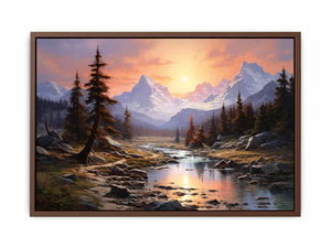 Mountain sunrise canvas art with river and trees for bedroom decor.