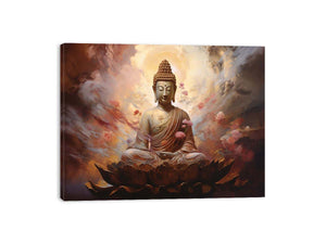 Serene Buddha on lotus canvas art with warm clouds for peaceful meditation room decor.