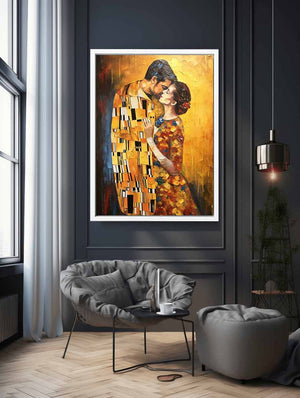 Gold romantic couple canvas art for elegant bedroom decor.