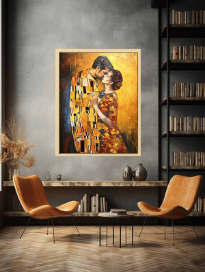Gold romantic couple canvas art for elegant bedroom decor.