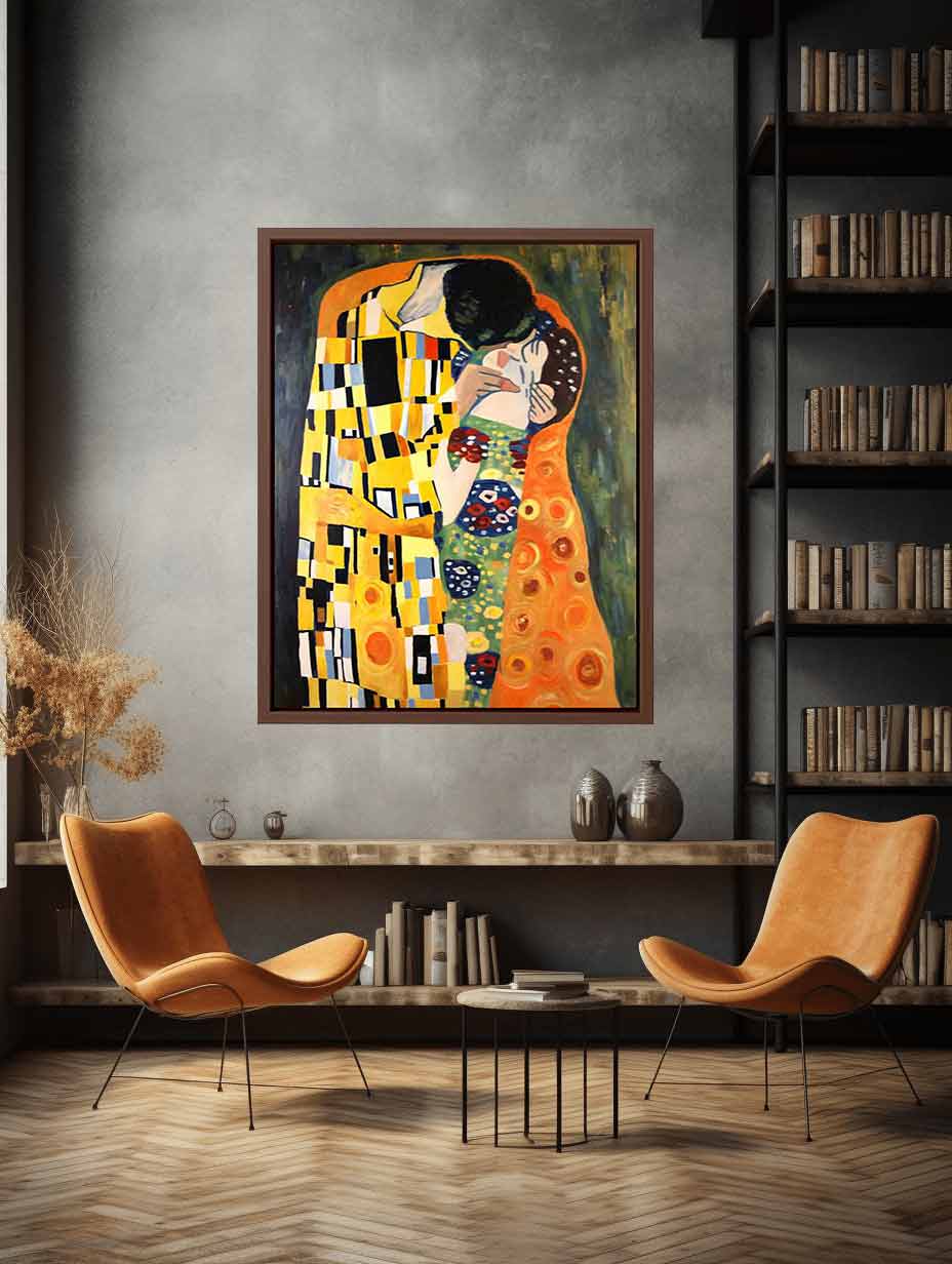 Patterned romantic kiss canvas art for warm bedroom decor.
