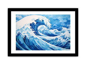 Blue ocean wave canvas art for coastal living room decor.