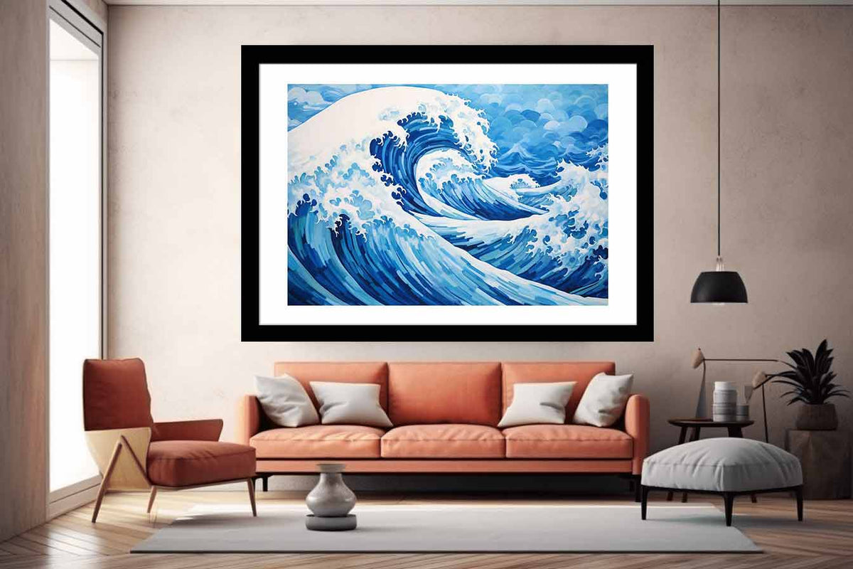 Blue ocean wave canvas art for coastal living room decor.