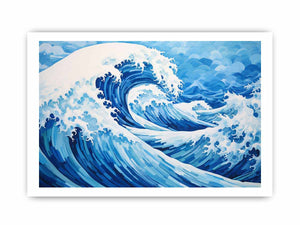 Blue ocean wave canvas art for coastal living room decor.