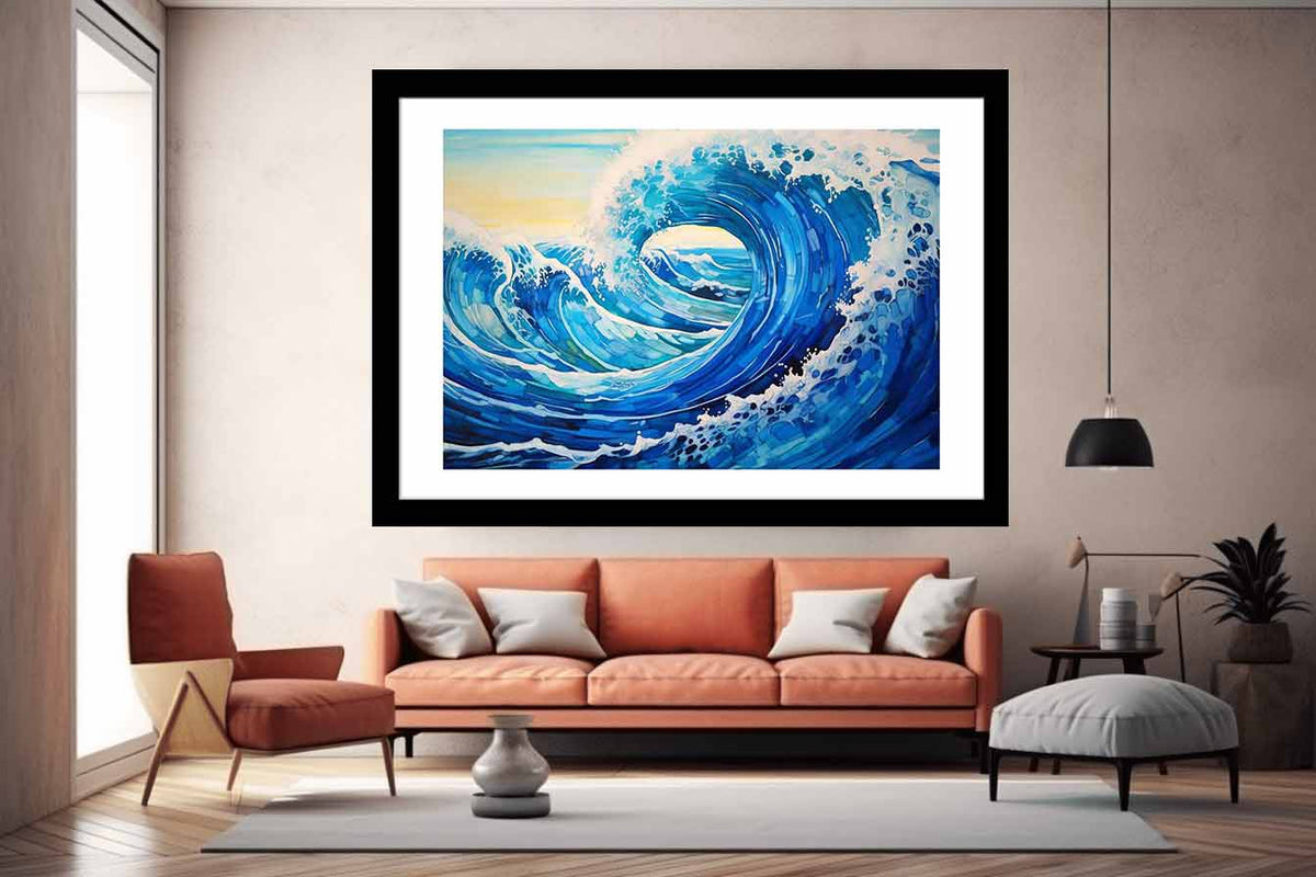 Curling ocean wave canvas art for modern coastal bedroom decor.
