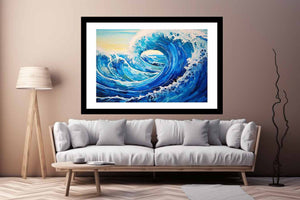 Curling ocean wave canvas art for modern coastal bedroom decor.
