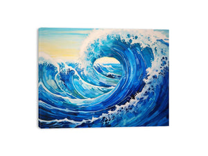 Curling ocean wave canvas art for modern coastal bedroom decor.