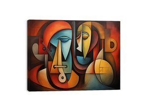 Cubist abstract faces canvas art for modern living room decor.