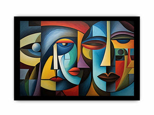 Colorful cubist faces canvas art for modern living room decor.