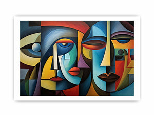Colorful cubist faces canvas art for modern living room decor.