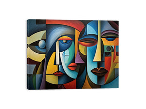 Colorful cubist faces canvas art for modern living room decor.