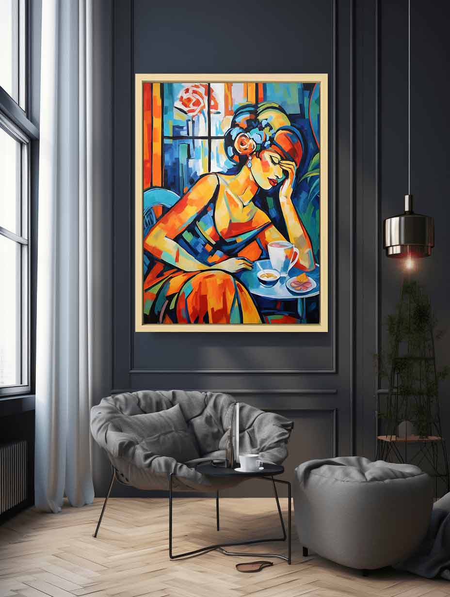 Colorful woman café canvas art for kitchen and dining room decor.