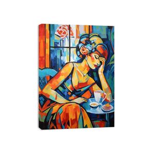 Colorful woman café canvas art for kitchen and dining room decor.