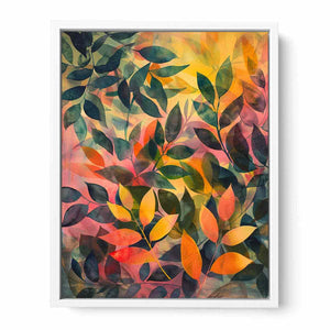 Layered botanical leaf canvas art for warm modern bedroom decor.