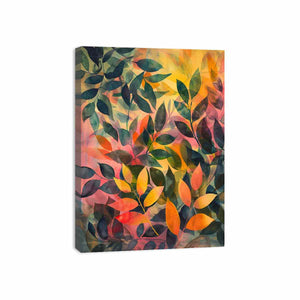 Layered botanical leaf canvas art for warm modern bedroom decor.