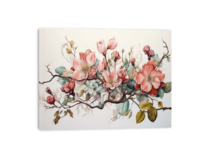 Soft blush botanical floral canvas art for elegant living room decor.