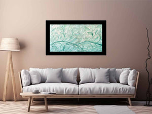 Mint botanical leaf canvas art for calm modern bedroom decor.