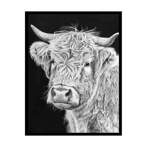 Black and white Highland cow portrait art for rustic farmhouse living room decor.