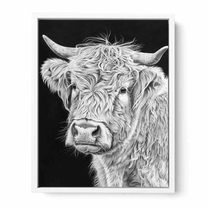 Black and white Highland cow portrait art for rustic farmhouse living room decor.